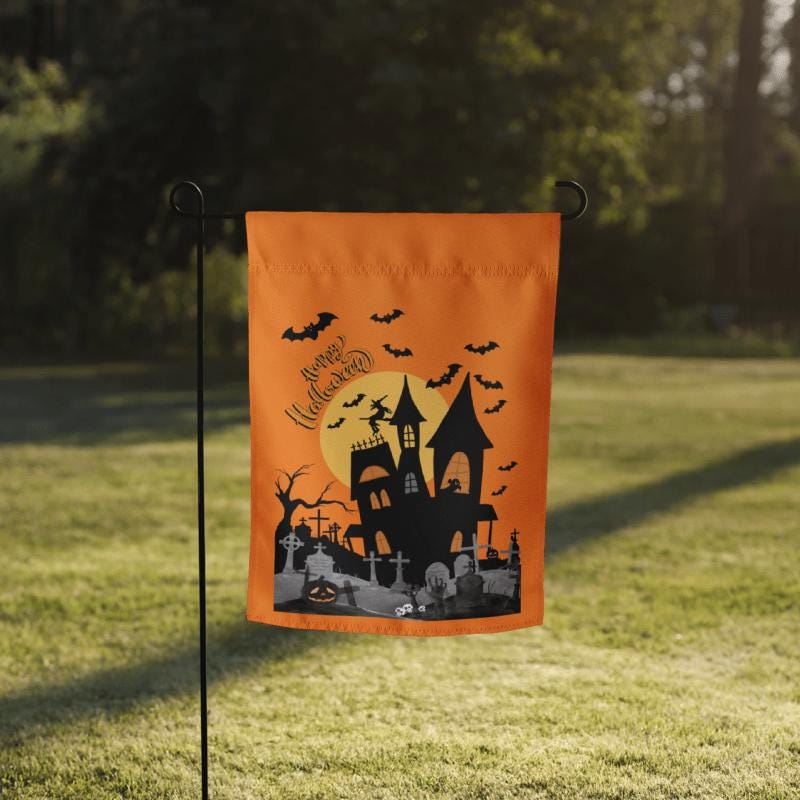 Halloween Garden Flag - 2 Sided - Haunted House and "Bite Me" Bat