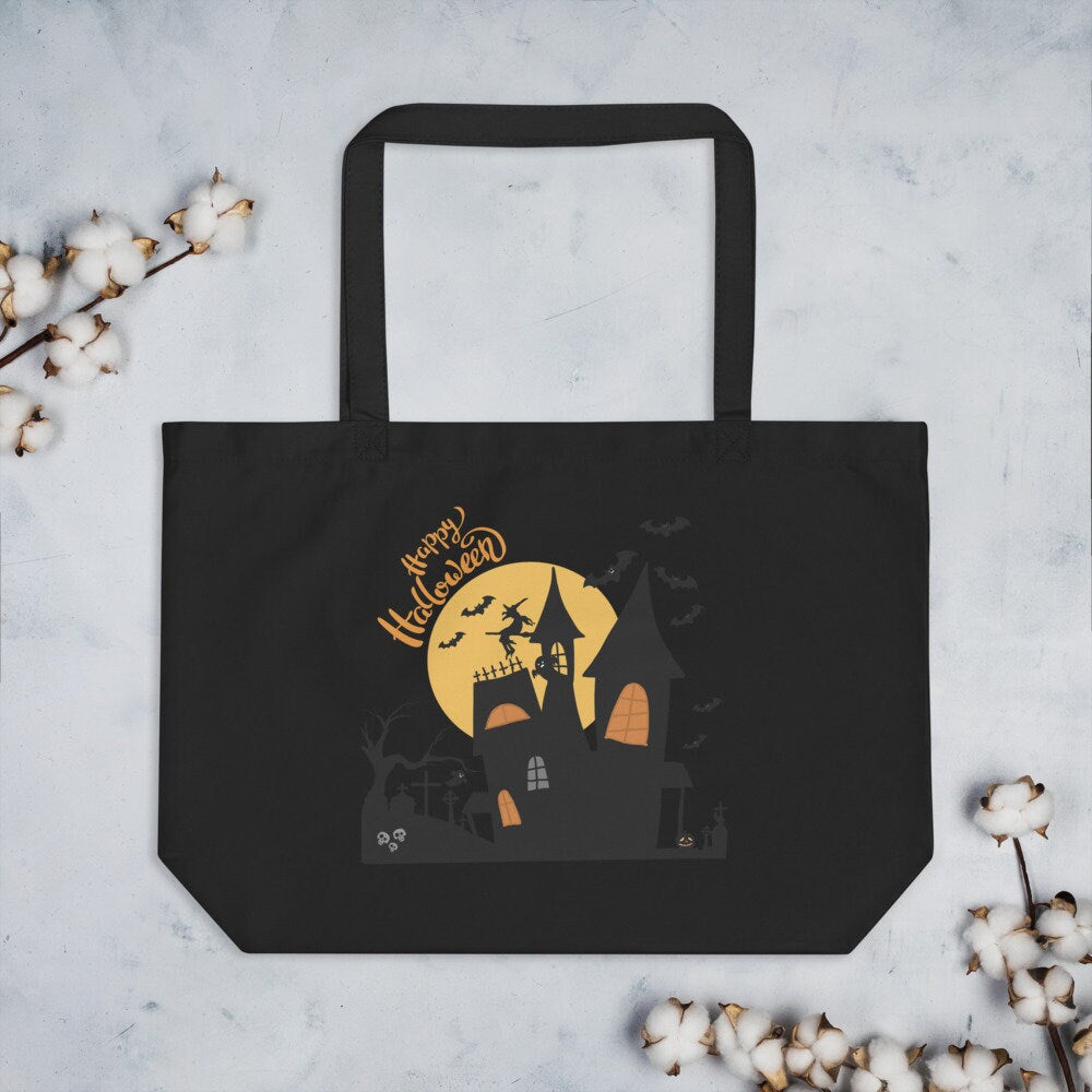 Halloween Haunted House Tote - Candy Bag Cotton Tote, Grocery Tote