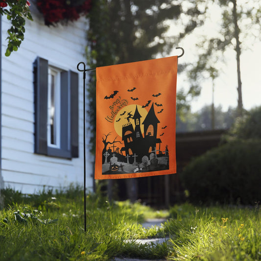 Halloween Garden Flag - 2 Sided - Haunted House and "Bite Me" Bat