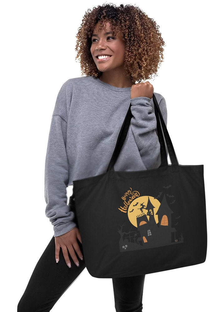 Halloween Haunted House Tote - Candy Bag Cotton Tote, Grocery Tote